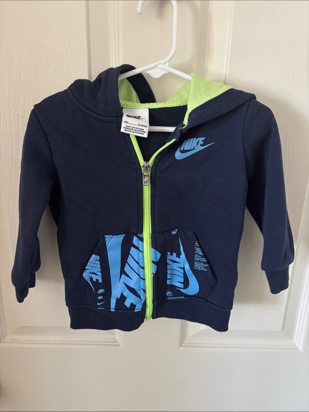 Nike Navy Hoodie with Bright Lime Trim and Blue Logos